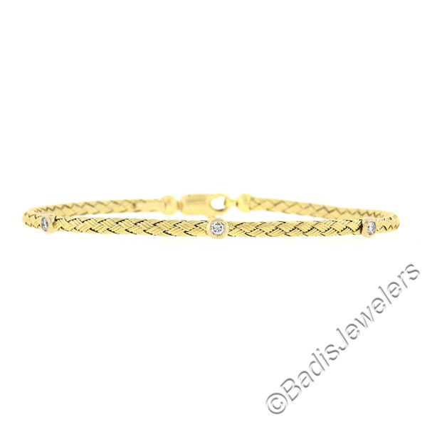 Estate Italian 14k Yellow Gold 6.5" 0.12ctw Bezel Set Round Brilliant Cut Diamond Textured Weaved Tube Bangle Bracelet w/ Lobster Claw Clasp