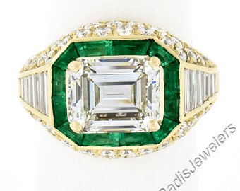 Estate Gorgeous 18k Yellow Gold 6.07ct GIA Certified Emerald Cut & Baguette Diamond with Green Halo Emerald Statement Engagement Ring