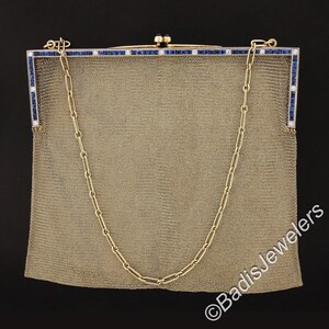 Designer Dreicer & Co. Antique Art Deco 14k Yellow Gold 12.60ctw GIA Certified No Heat Sapphire and Diamond Mesh Purse and Chain Strap image 3