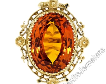 Vintage 14K Yellow Gold 12.0ct Large Oval Cut Orange Citrine Solitaire Ring w/ Floral Halo