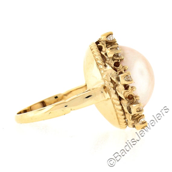 Estate 14K Yellow Gold Large 14mm Mabe Pearl w/ 0… - image 6