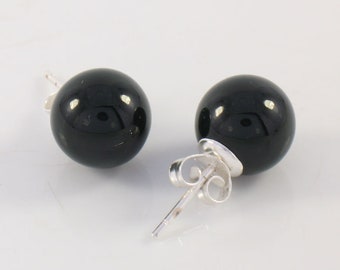 925Er Silber Classic Simple Elegant 10mm Schwarze Onyx Kugel Perlen Ohrstecker