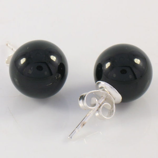 Sterling Silver Classic Simple Elegant 10mm Black Onyx Ball Bead Stud Earrings
