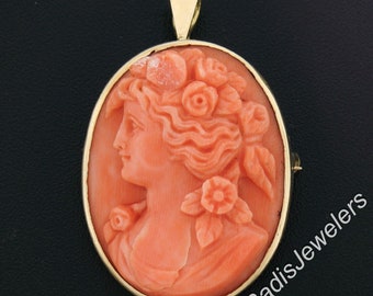 Vintage 14k Yellow Gold Detailed Oval Carved Orange Coral Cameo Brooch Pendant in all Original and Excellent Condition