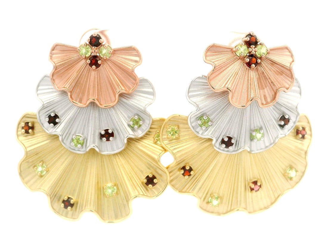 18k Tri Color Gold Red Green Natural Gemstones Textured Ruffled Flared ...