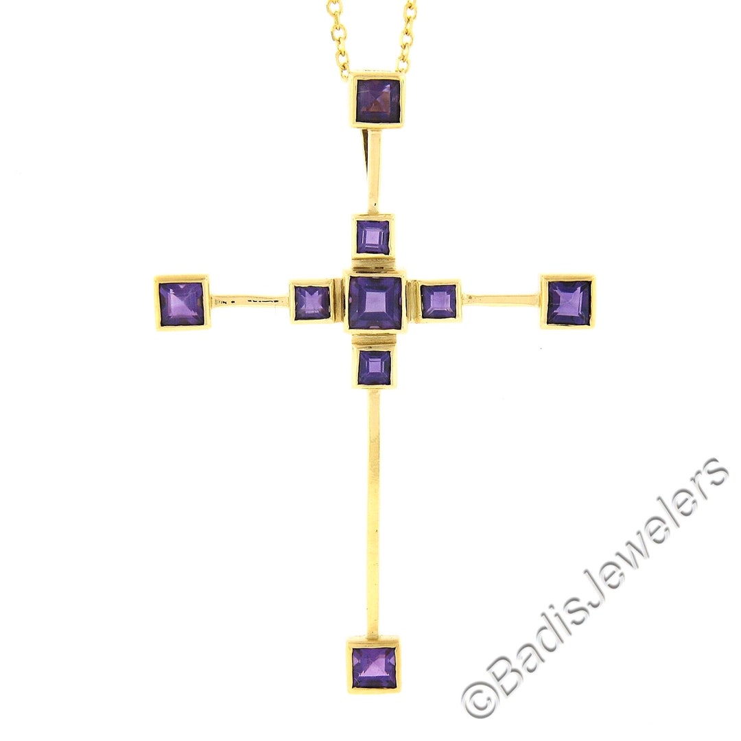 Estate 18k Yellow Gold Square Step Cut Bezel Set Amethyst Large ...