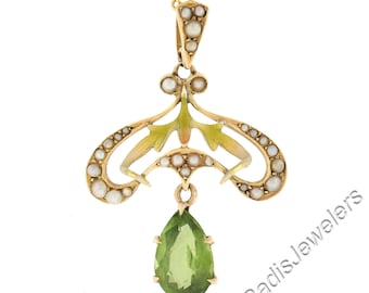 Antique Art Nouveau Krementz 14k Gold Peridot Pearl & Enamel Dangle Lavalier Pendant on 16.5" Curb Link Chain Necklace