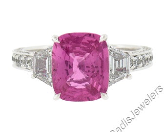 NOUVELLE bague de fiançailles en or blanc 18 carats 4,53 ct GIA, coupe graduée, sans chaleur, saphir rose et accents de diamants