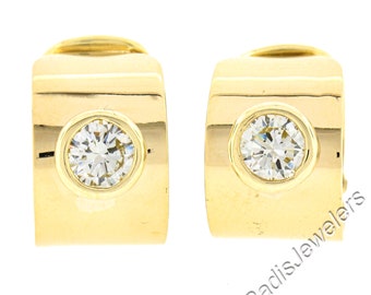 Estate 18k Yellow Gold 1.12ctw Round Brilliant Bezel Set Diamond Polished Wide Clip On Cuff Huggie Earrings in Excellent Condition