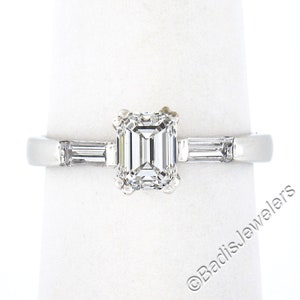 Estate 18k White Gold 1.26ctw GIA Certified Emerald Cut Diamond Solitaire w/ Straight Baguette Accents Engagement or Promise Ring