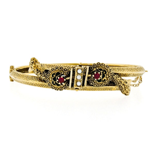 Victorian Revival 14k Gold Ruby Pearl Dual Snake Bypass Hinged Bangle Bracelet