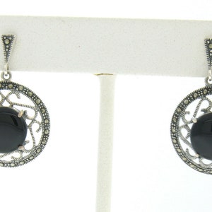 NEUE Marcasite Sterling Silber Runde schwarz Onyx poliert fertig Milgrain offene Arbeit baumeln Ohrringe sehr ELEGANT mit Schmetterling Verschlüsse