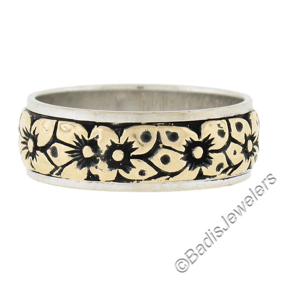 Vintage 14k Two Tone Blackened Gold 6.4mm Engrave… - image 4