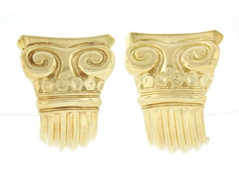 Authentic Designer Vasari 18k Yellow Gold Greek Column Carved & Grooved Polished Wide Cuff Earrings w/ Original Pouch and Omega Closures