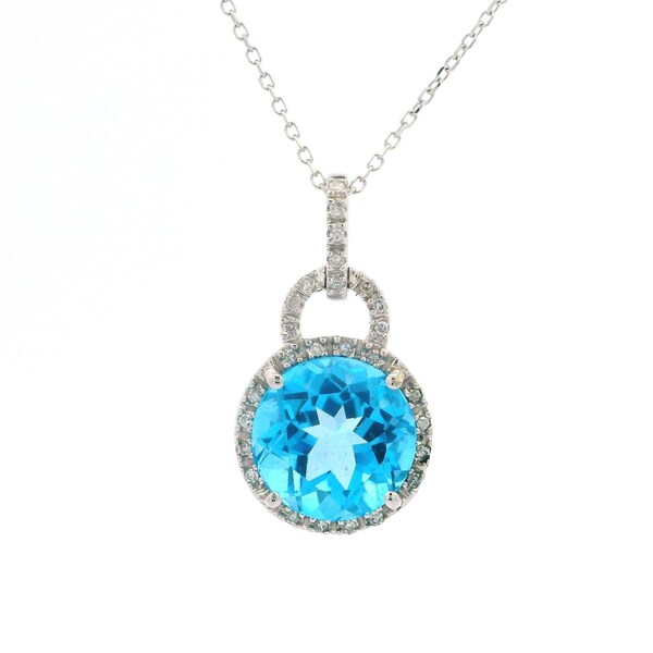 Estate 14k White Gold Large Round Blue Topaz W/ Diamond Halo Pendant Necklace