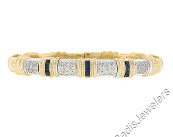 Italian 18k Two Tone Gold 1.40ctw Diamond & Sapphire Flexible Cuff Bracelet in Excellent Condition!