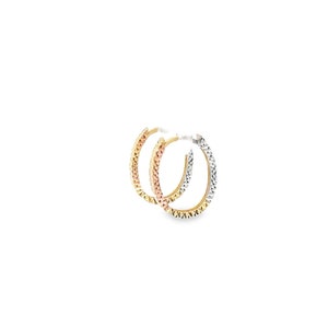Estate 14K Tri Color Gold Diamond Cut Finish Classic Oval Small Hoop Earrings in Excellent Condition!