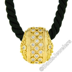 Denise Roberge 18k Yellow Gold 2.10ctw Round Brilliant Bezel Diamond Large Slide Pendant & Matching 28" Long Black Silk Cord with Patina