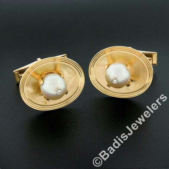 Vintage 14K Yellow Gold FINE Pearl w/ 0.04ctw Sin… - image 2