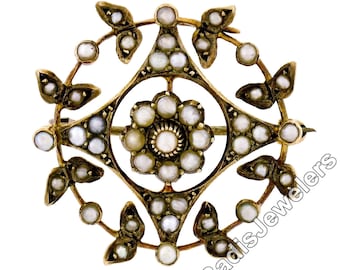 Antique Victorian 14K Yellow Gold Prong & Bezel Seed Pearl Open Round Wreath Brooch Pin w/ Heavy Patina Preserved