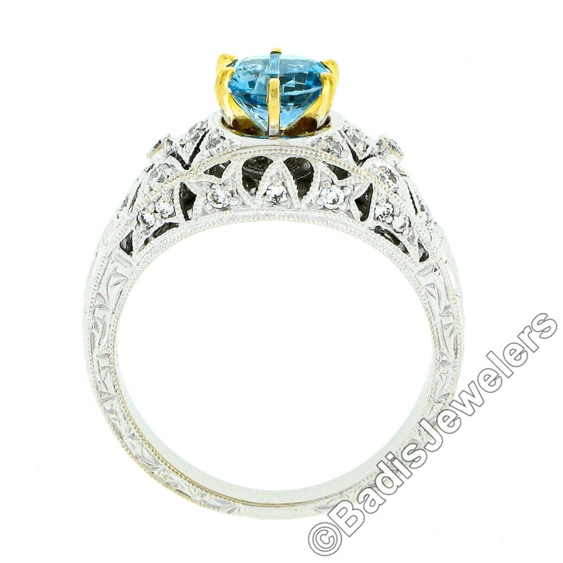NEW 18k Two Tone Gold 0.95ctw Round Brilliant Aquamarine Solitaire w/ Pave Set Diamond Milgrain & Engraved Work Engagement or Promise Ring image 4