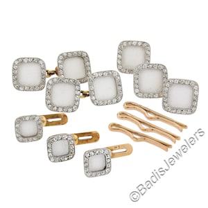 Cartier Antique Edwardian Linen Enamel & Diamond Cufflinks and Studs Set W/ Box