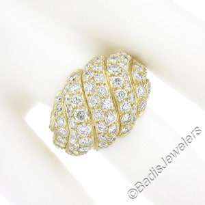 Vintage French 18k Yellow Gold 3ctw Fiery Round Pave Diamond Scalloped Bold Dome Bombe Cocktail Band Ring w/ Original Finish & Patina