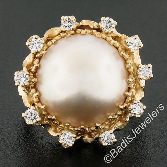Estate 14K Yellow Gold Large 14mm Mabe Pearl w/ 0… - image 1