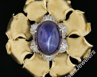 18K Yellow Gold and Platinum 95.53ctw AGL Graded Star Sapphire & Diamond Brushed Flower Enhancer Pendant in Excellent Condition!