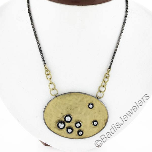 Blackened Silver & 24k Yellow Gold Bezel Diamond Large Hammered Finish Oval Pendant on 16" Chain Necklace