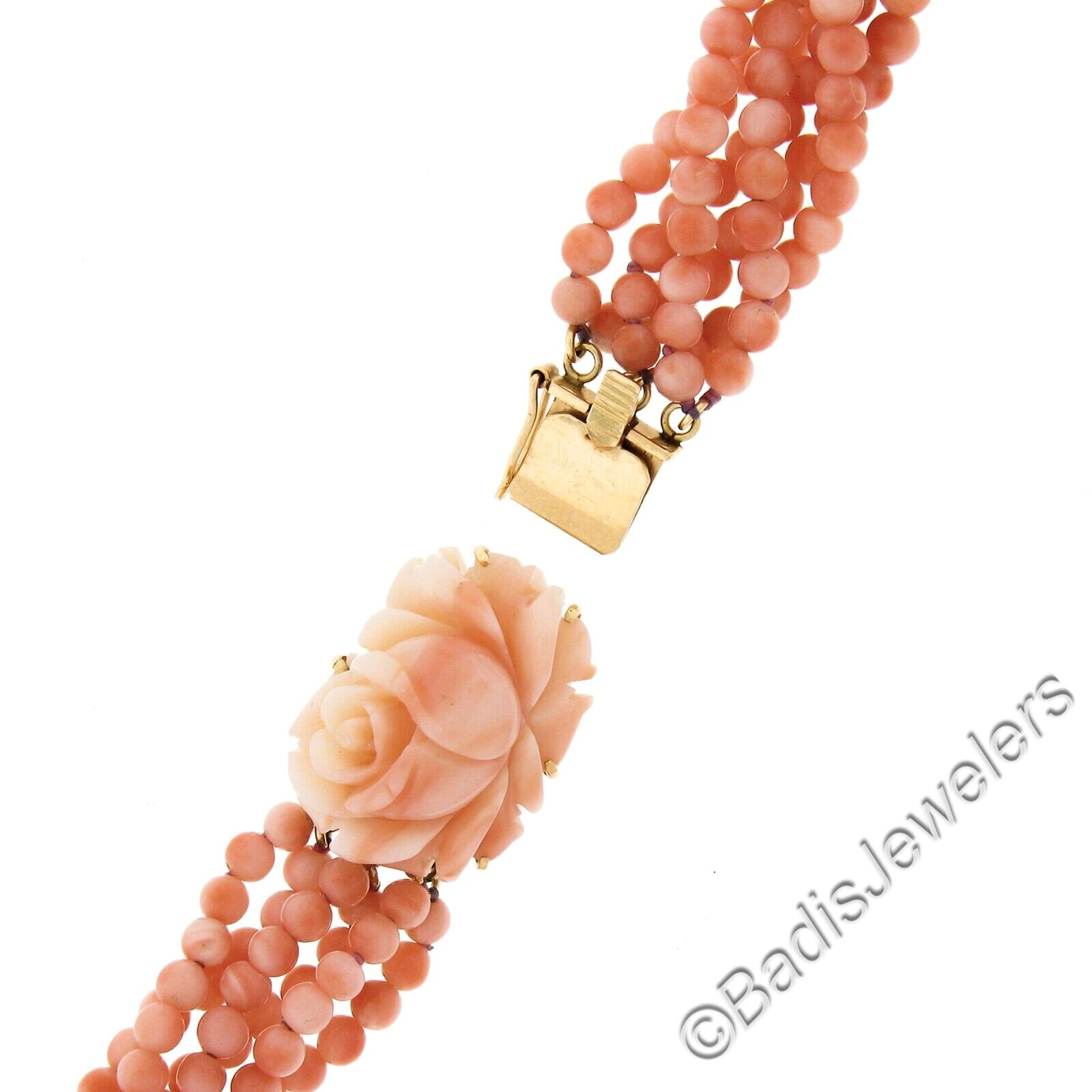 Vintage 24" Multi Strand Angel Skin Coral Bead Torsade Necklace with 14k Yellow Gold Carved Flower Coral Clasp in Excellent Condition