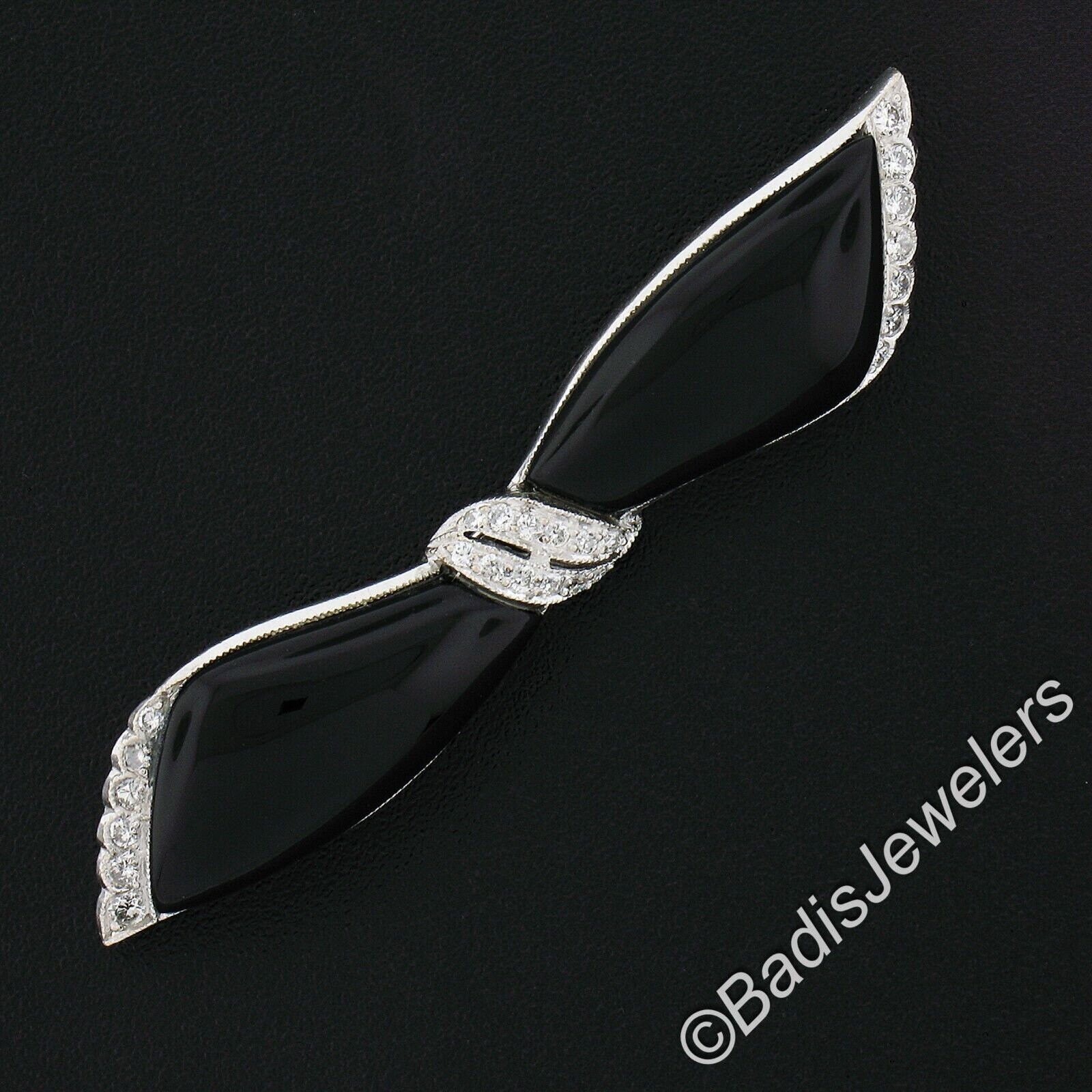 Vintage 18k White Gold Polished Black Onyx With 0.30ctw