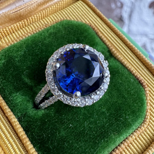 Platinum 4.26ctw Gia Round Royal Blue Sapphire W/ Diamond Halo Split Shank Ring