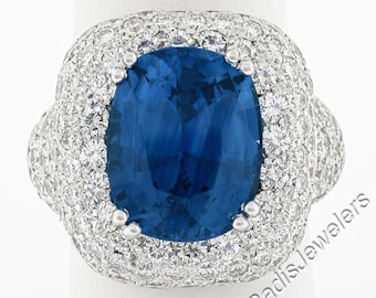 Platinum 13.43ctw GIA Graded Cushion Cut Ceylon Sapphire & Diamond Statement Cocktail Ring in Excellent Condition!