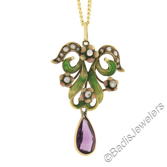 Antique Art Nouveau 14k Yellow Gold Amethyst w/ S… - image 1