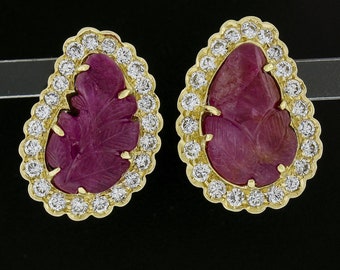 18k Yellow Gold Carved Leaf Ruby W/ 1.50ctw Diamond Halo Clip on Earrings