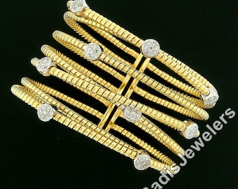 Vintage 18k Yellow Gold 1.52in. Wide Wrapped Cable Crossover Design With Round Brilliant Pave Diamond Clusters Open Cuff Flexible Bracelet