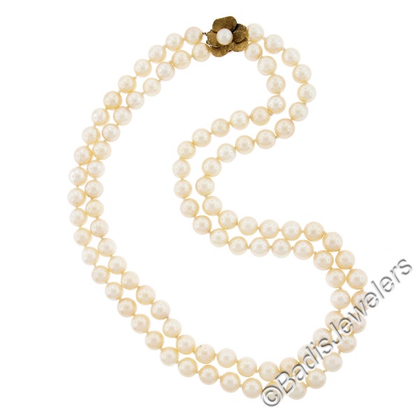 16" Dual Strand 7.5-8mm Pearl Necklace w/ 14k Yellow Gold Florentine Finish Pansy Flower Clasp