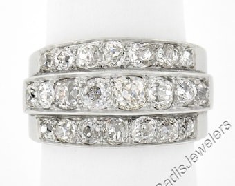 Antique Edwardian Platinum 2.75ctw Chunky Old Mine Cut Pave Set Diamond 3 Row Wide Band Ring in Excellent Condition