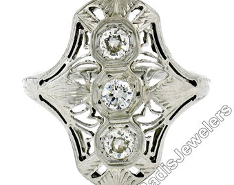 Antique Art Deco 18K White Gold 0.35ctw Old European Cut Diamond Domed Etched Filigree Dinner Ring