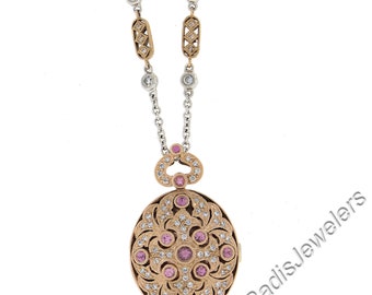 18k gouden roze saffier en diamant ovale open medaillonhanger aan 15" schakelketting