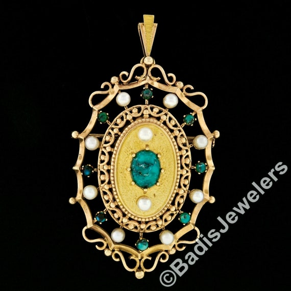 Vintage 18k Gold Oval Turquoise & Round Pearl Ope… - image 2