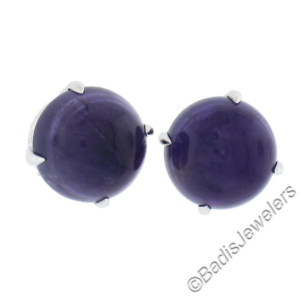 New 14K White Gold 4.57ctw Round Cabochon Royal Purple Amethyst Stud Earrings