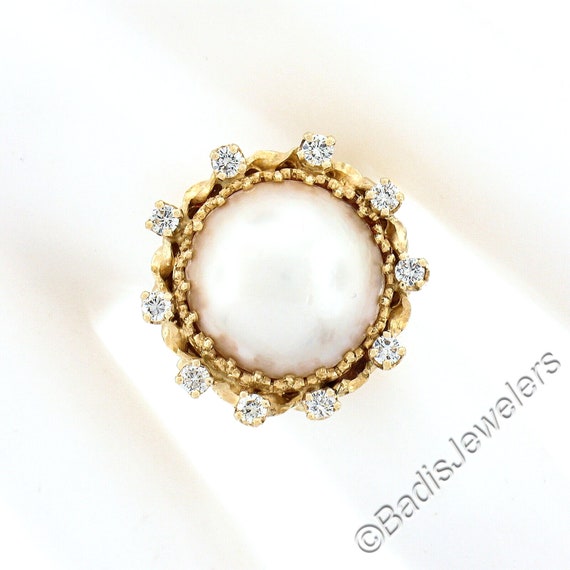 Estate 14K Yellow Gold Large 14mm Mabe Pearl w/ 0… - image 4