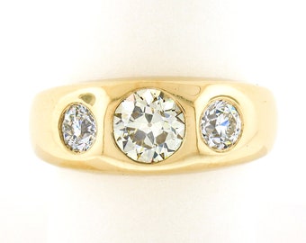 NEW Men's Elegant 18K Yellow Gold 1.96ctw GIA Certified Old European Cut Burnish Flush Set Diamond 3 Stone Gypsy Band Ring