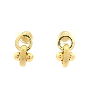Pendientes colgantes con signo más geométrico pequeño de oro amarillo de 18 quilates con acabado doble