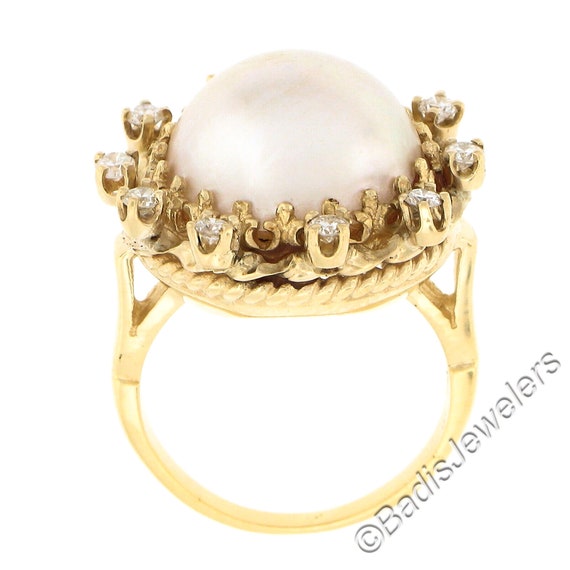 Estate 14K Yellow Gold Large 14mm Mabe Pearl w/ 0… - image 9