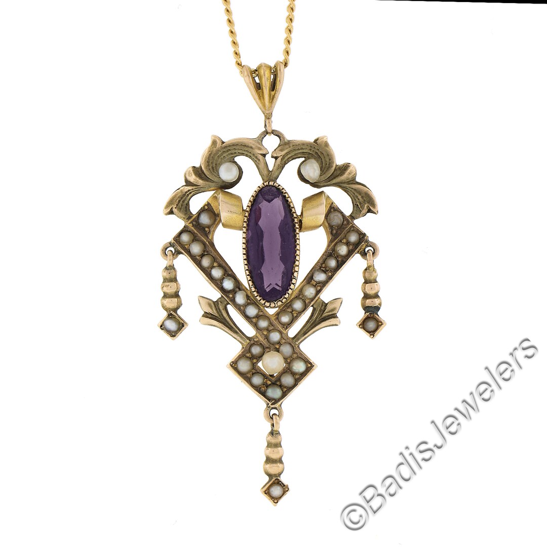 Antique Art Nouveau 14K Yellow Gold Amethyst Seed Pearl Dangle Lavalier ...