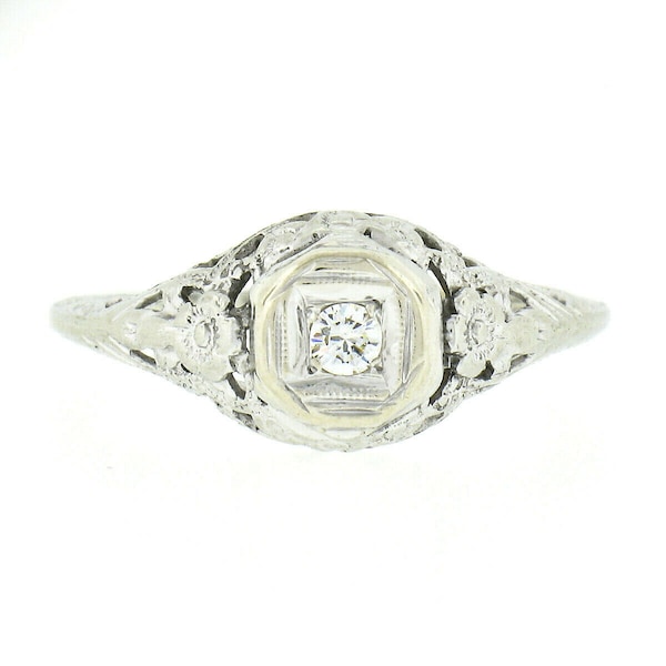 Antique Art Deco Petite 14k White Gold 0.05ctw Round Brilliant Diamond Solitaire Open Filigree Floral Work Engagement or Promise Ring