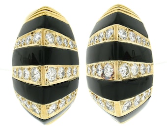 Vintage 18k Yellow Gold Inlaid Black Onyx w/ 2.04ctw Round Brilliant Pave Diamond Striped Domed Clip-On Button Earrings with Patina